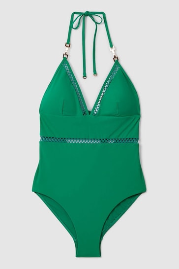 Reiss Green Rita Lattice Halter Neck Swimsuit