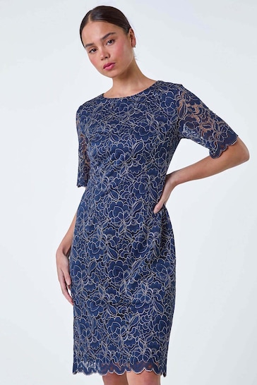 Roman Blue Lace Overlay Shift Dress