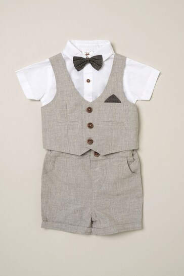 Little Gent Grey Shirt Bodysuit Bowtie Shirt, Waistcoat & Short Set