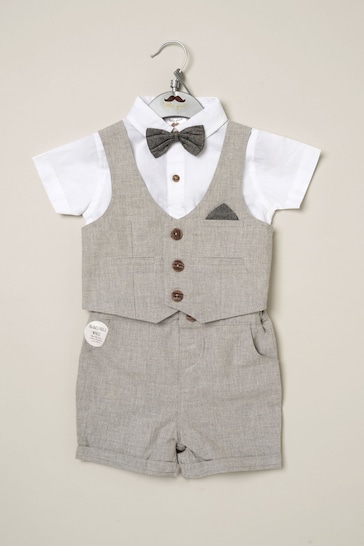 Little Gent Grey Shirt Bodysuit Bowtie Shirt, Waistcoat & Short Set