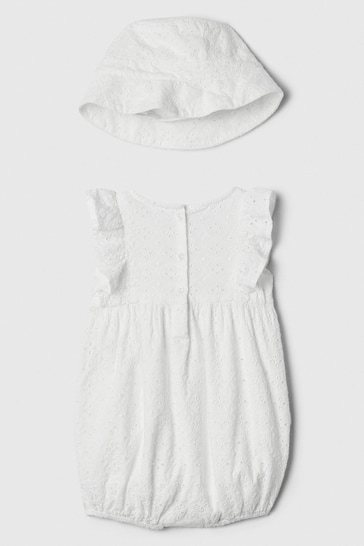 Gap White Linen-Blend Print Rompersuit and Bucket Hat Set (Newborn-24mths)