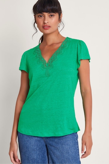 Monsoon Green Lisa Lace Linen T-Shirt