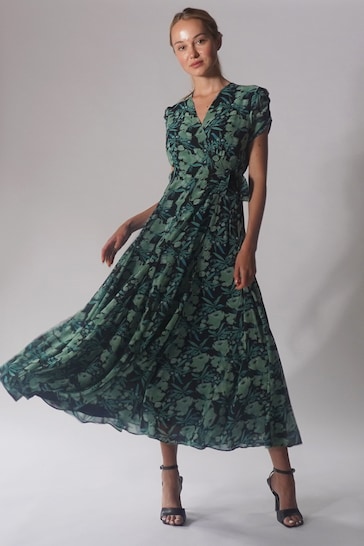 Religion Green Wrap Maxi Dress With Full Skirt And V-Neck In Abstract Print