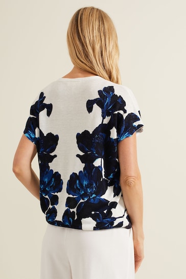 Phase Eight Blue Mia Floral Print Linen Knit Top