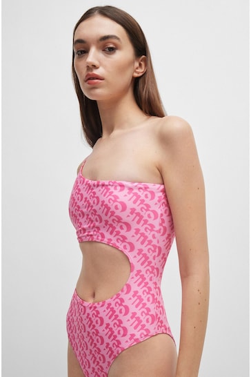 HUGO Pink Logo Print Cut Out One Shoulder Swimsuit