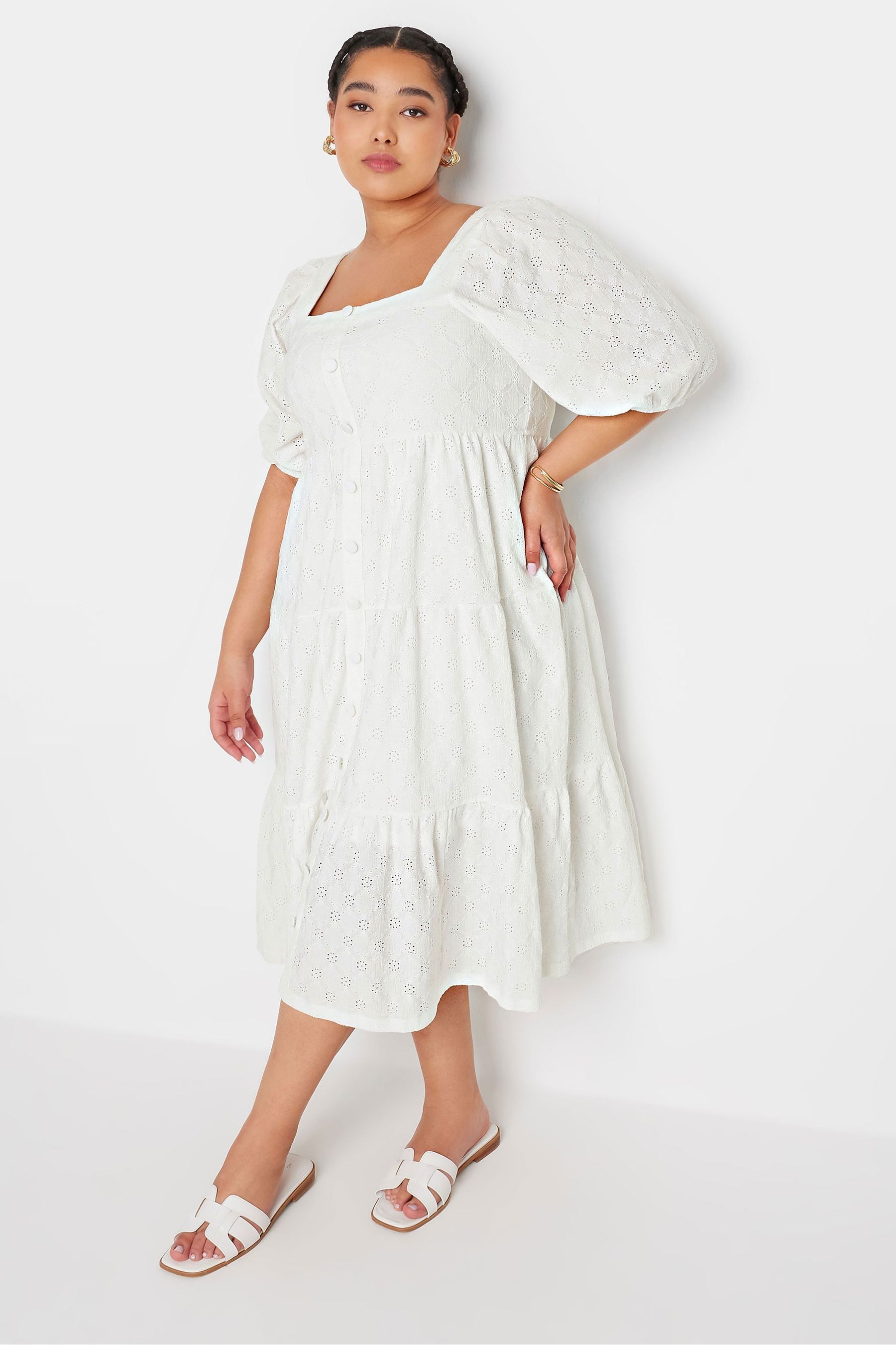 Yours Curve White Anglaise Button Front Maxi Dress