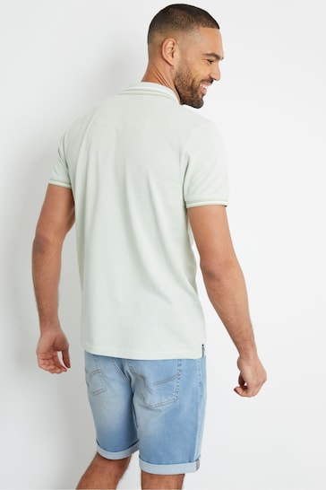 Threadbare Green Cotton Polo Shirt With Herringbone Detail Collar