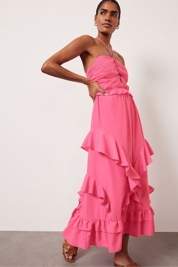 Mint Velvet Pink Ruffle Halter Midi Dress