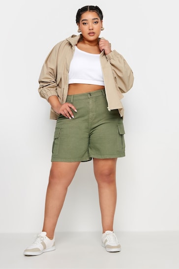 Yours Curve Green Denim Cargo Shorts