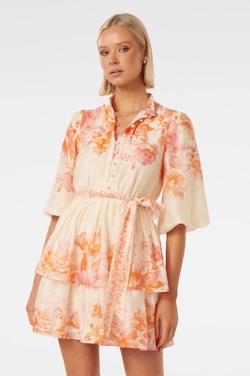 Forever New Cream Isla Printed Tiered Mini Dress With a Touch of Linen