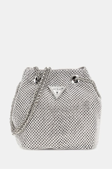 GUESS Silver Lua Rhinestone Embellished Pouch Bucket Bag