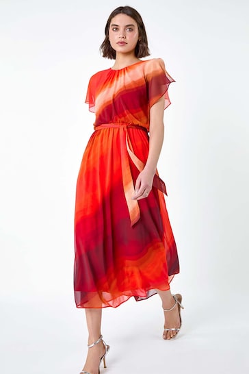 Roman Orange Ombre Cape Sleeve Midi Dress