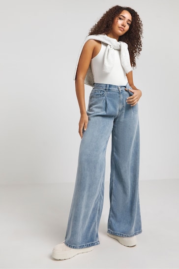 Simply Be Blue Lightweight Pleated Wide Leg Jeans