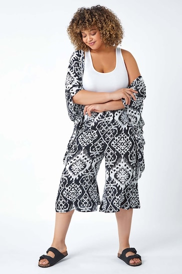 Roman Black Roman Boho Print Crinkle Culottes