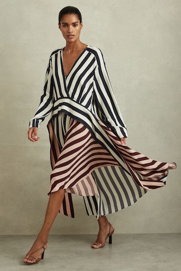 Reiss Navy/Off White Nola Colourblock Stripe Asymmetric Midi Dress