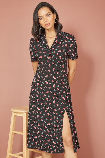 Yumi Black Watermelon Print Shirt Dress With Side Split