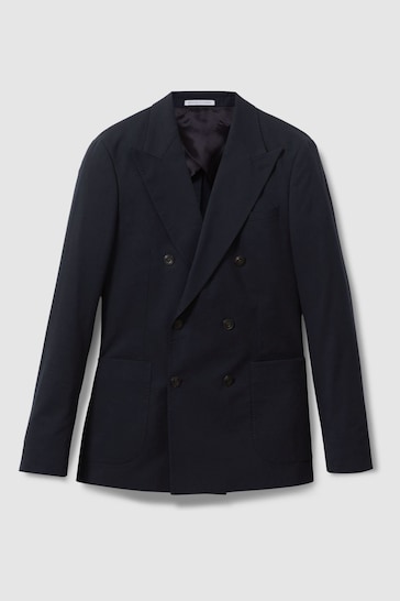 Reiss Navy Seare Double Breasted Cotton Blend Blazer