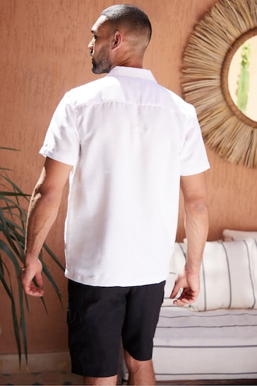 Threadbare White Revere Collar Embroidered Short Sleeve Shirt