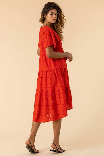 Roman Red Broderie Cotton Tiered Smock Dress