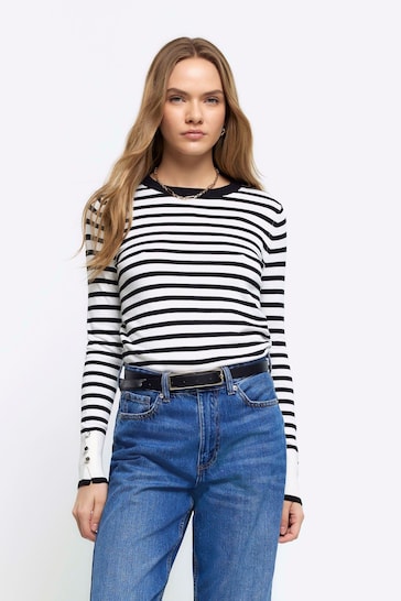 River Island White Stripe Crew Neck Knitted Top