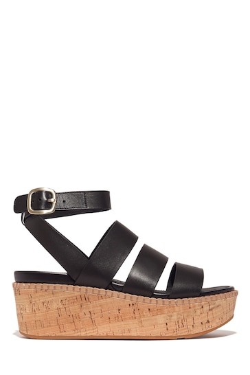 FitFlop Eloise Leather Cork Strappy Wedge Black Sandals