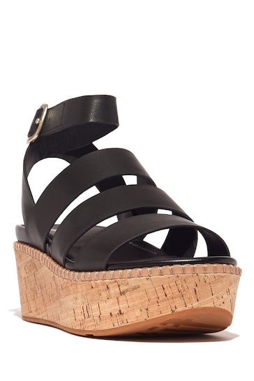 FitFlop Eloise Leather Cork Strappy Wedge Black Sandals
