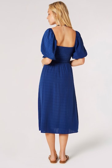 Apricot Blue Self-Check Smocked Milkmaid Midi Dress