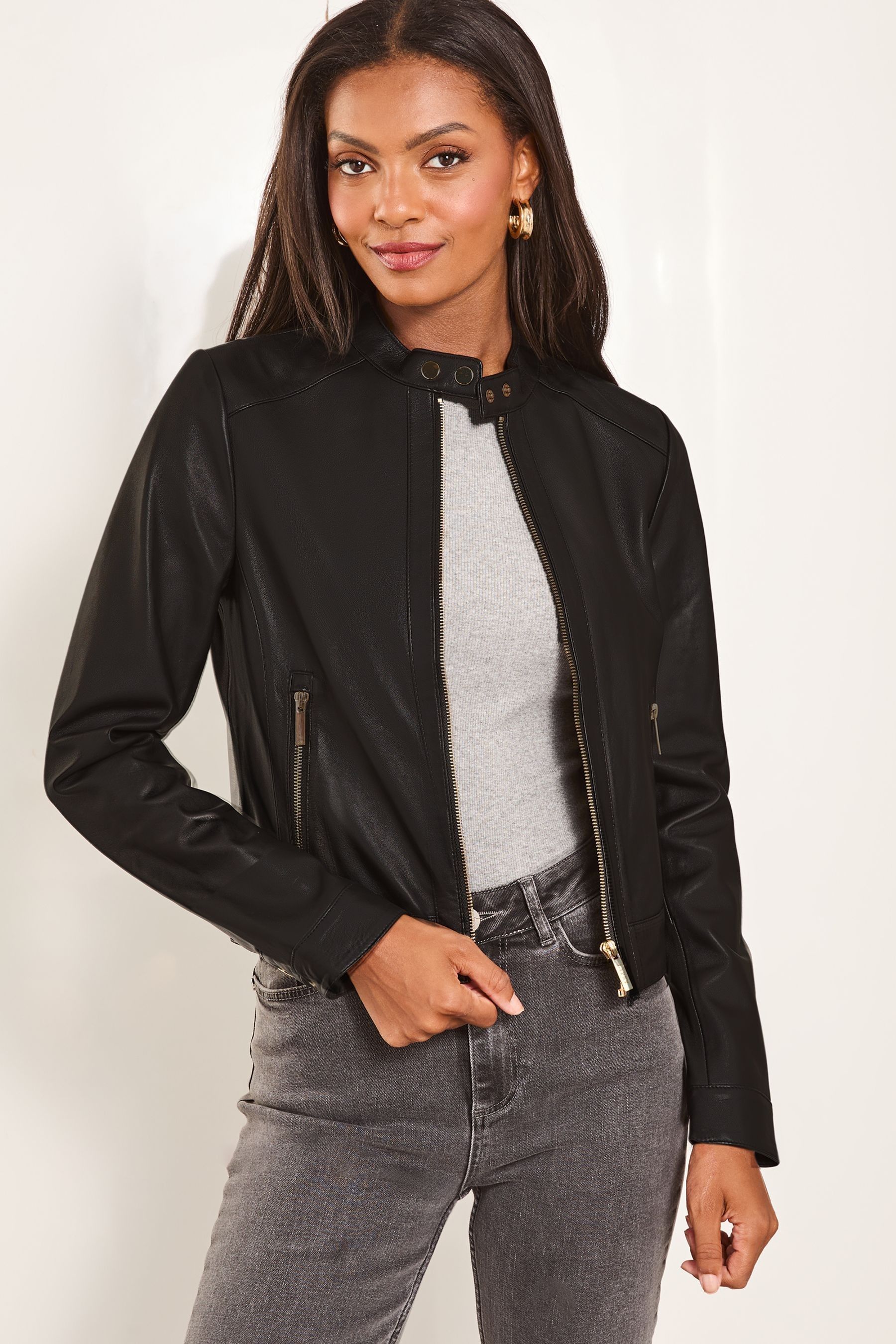 Buy Lipsy Black Leather Collarless Biker Jacket from the Next UK online shop