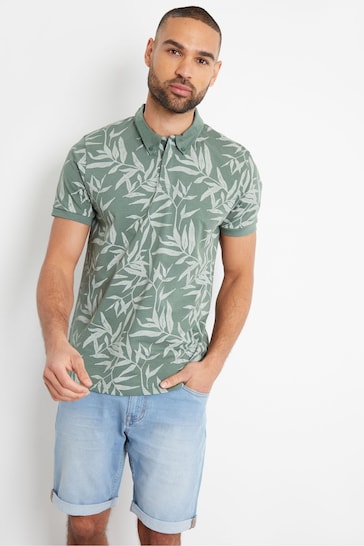 Threadbare Green Leaf Print Cotton Polo Shirt