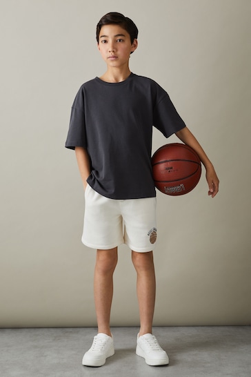 Reiss Off White Arto Junior Relaxed Embroidered Basketball Shorts