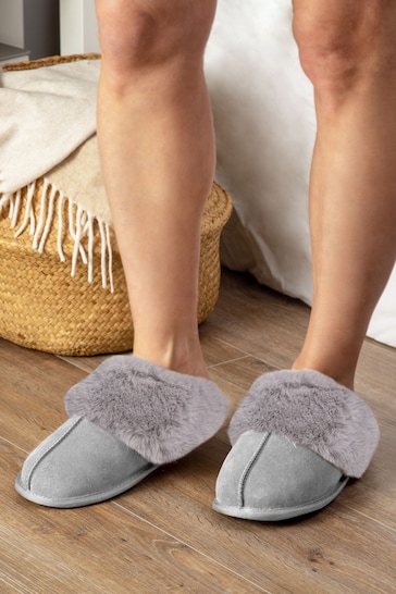 Totes Grey Ladies Isotoner Real Suede Mules Slippers with Faux Fur Cuff