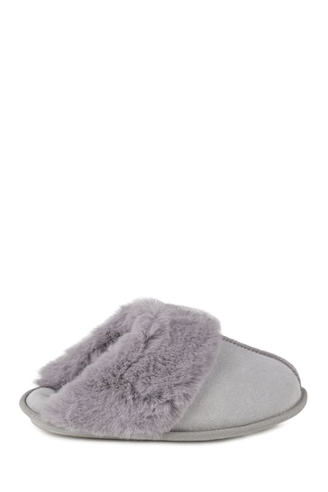 Totes Grey Ladies Isotoner Real Suede Mules Slippers with Faux Fur Cuff
