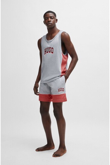 HUGO Grey Colour Block Sporty Varsity Logo Jersey Shorts