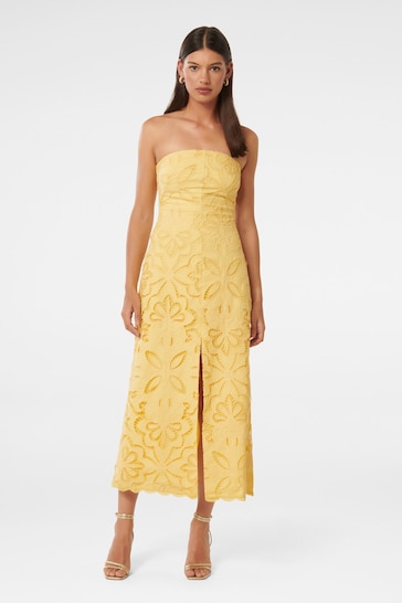 Forever New Yellow Daphne Broderie Strapless Midi Dress