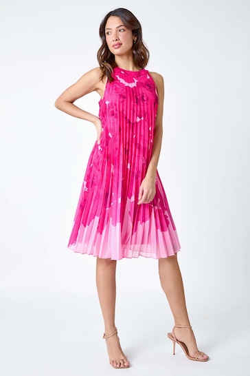 Roman Pink Halter Neck Floral Pleated Swing Dress