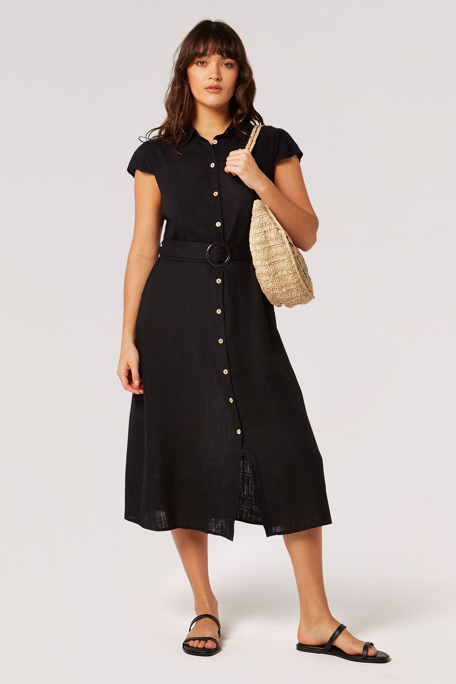 Apricot Black Vintage Midi Shirt Dress With Linen