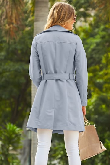 Sosandar Powder Blue Double Breasted Trench Coat With Pocket