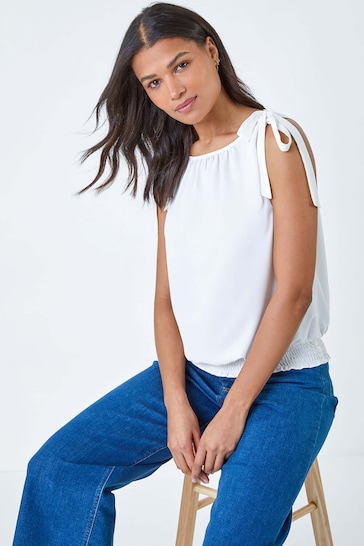 Roman White Bow Detail Shirred Hem Top