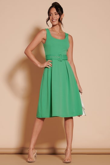 Jolie Moi Green 1950's Inspired Belted Swing Dress