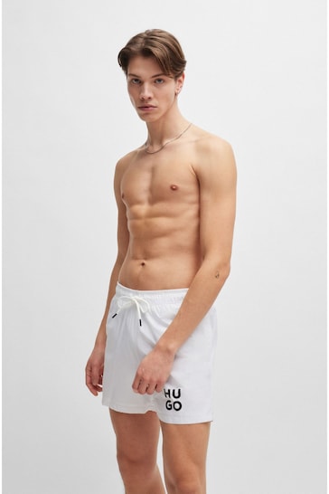 HUGO Quick-Dry Swim White Shorts With Stacked-Logo Print