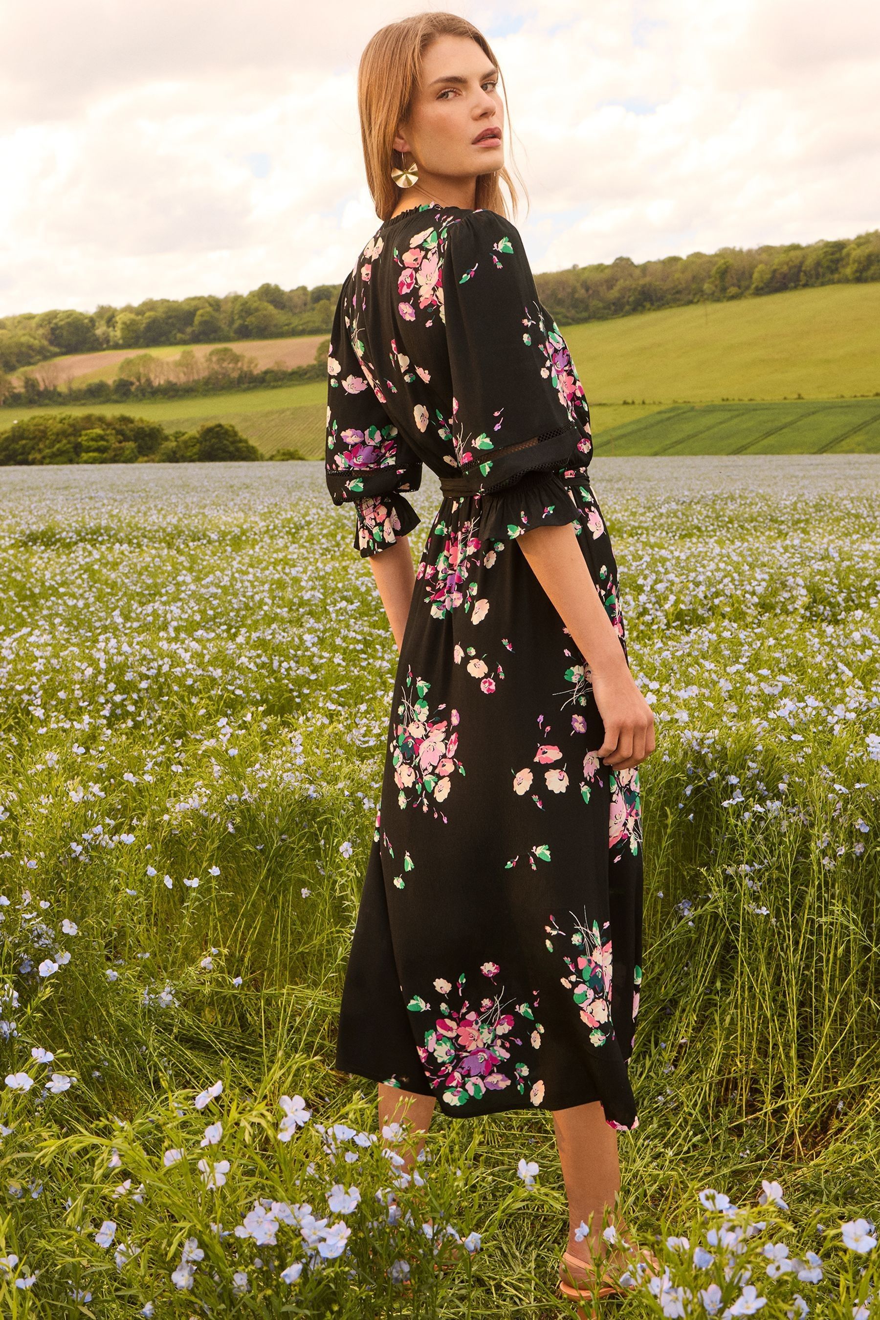 Buy Love Roses Black Floral Printed 3 4 Sleeve Belted Midi Dress from the Next UK online shop
