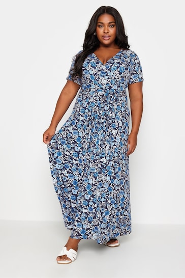 Yours Curve Blue Navy Blue Floral Print Wrap Maxi Dress