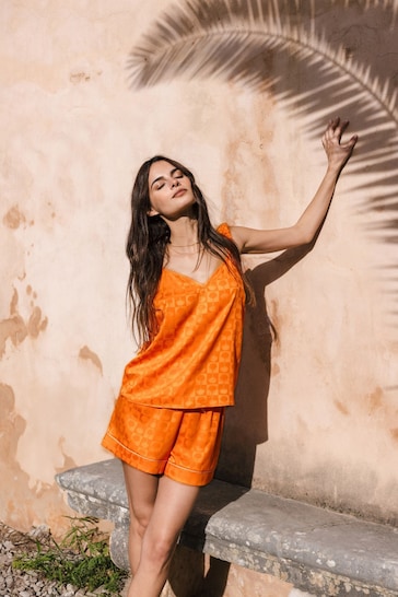 Chelsea Peers Orange Satin Jacquard Palm Short Pyjama Set