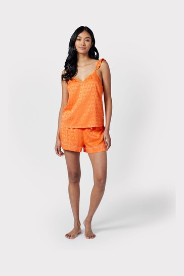 Chelsea Peers Orange Satin Jacquard Palm Short Pyjama Set
