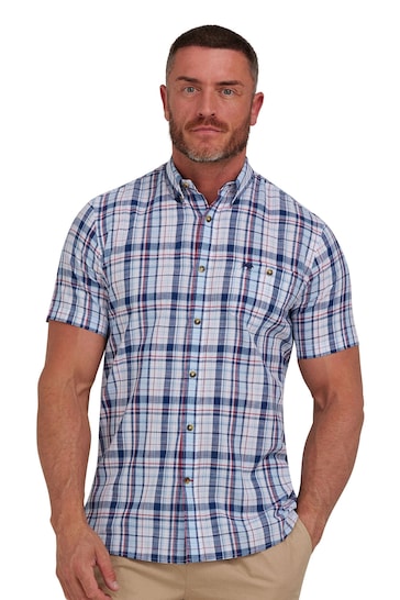 Raging Bull Blue Short Sleeve Large Multi Check Linen Look Shirt