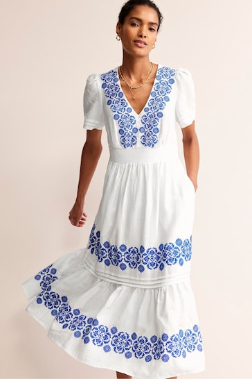 Boden White Eve Linen Midi Dress