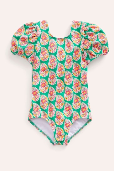Boden Green Printed Puff Sleeved Swimsuit