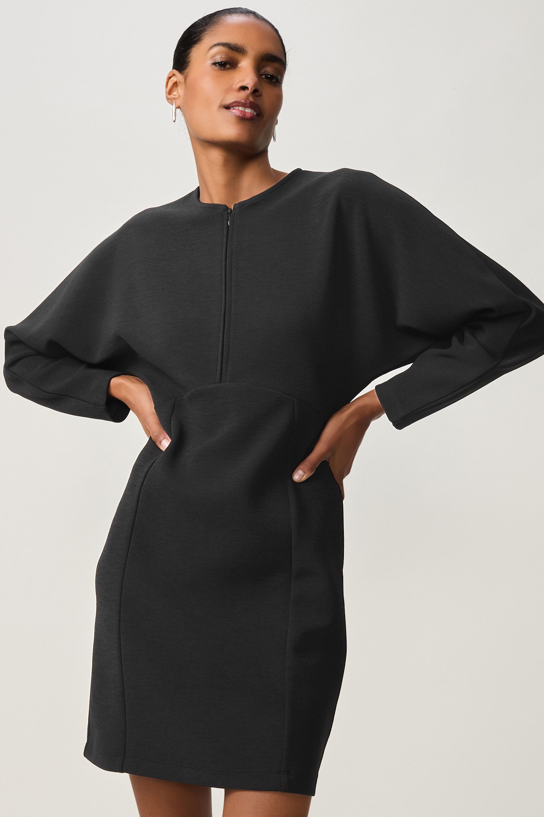 Black Long Sleeve Zip Front Mini Dress