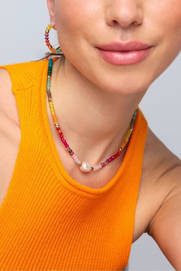Aela Red Real Stone Rainbow Beaded Necklace