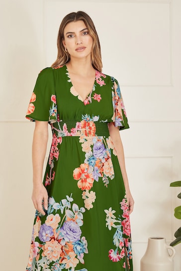 Mela Green Floral Ruched Waist Mavi Dress With Split Hemline